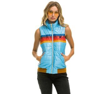 Aviator Nation Puffer Vest Medium 5 Stripe Glossy Outerwear Outdoor Blue New $39